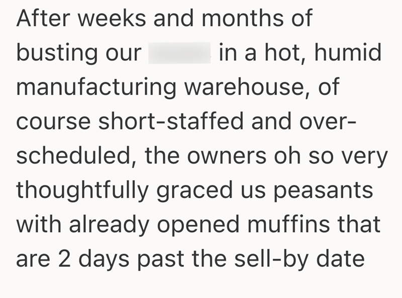 After weeks and months of busting our in a hot, humid manufacturing warehouse, of course short-staffed and over- scheduled, the owners oh so very thoughtfully graced us peasants with already opened muffins that are 2 days past the sell-by date
