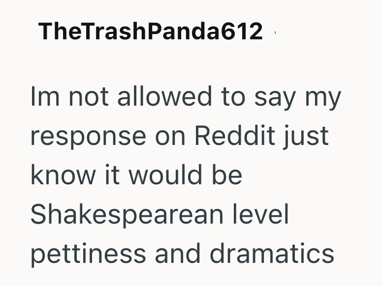 TheTrashPanda612 Im not allowed to say my response on Reddit just know it would be Shakespearean level pettiness and dramatics.