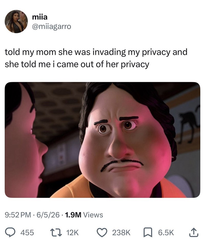miia @miiagarro told my mom she was invading my privacy and she told me i came out of her privacy 9:52 PM 6/5/26 1.9M Views 455 12K 238K 6.5K ↑