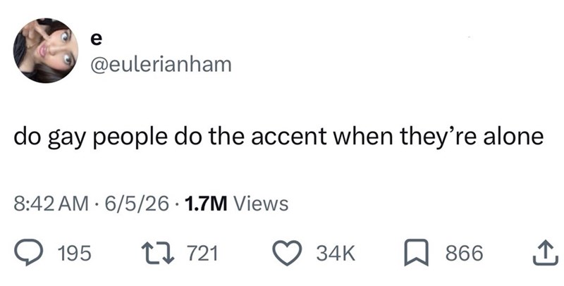 e @eulerianham do gay people do the accent when they're alone 8:42 AM 6/5/26 1.7M Views . 195 17721 34K 866