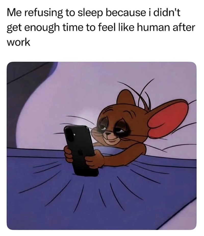 Me refusing to sleep because i didn't get enough time to feel like human after work