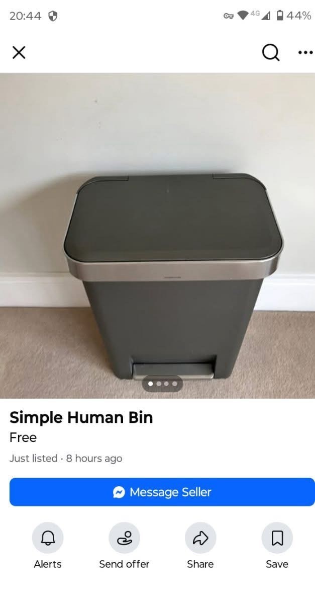 20:44 Simple Human Bin Free Just listed 8 hours ago Message Seller B 4G 44% Q ☐ Alerts Send offer Share Save