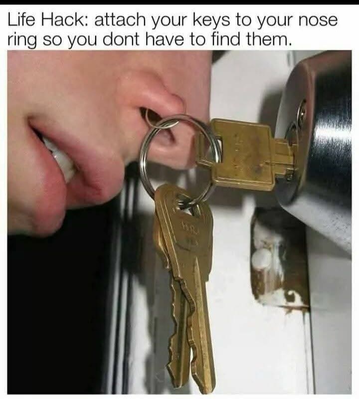Life Hack: attach your keys to your nose ring so you dont have to find them. HAJ