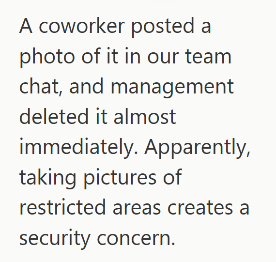 A coworker posted a photo of it in our team chat, and management deleted it almost immediately. Apparently, taking pictures of restricted areas creates a security concern.