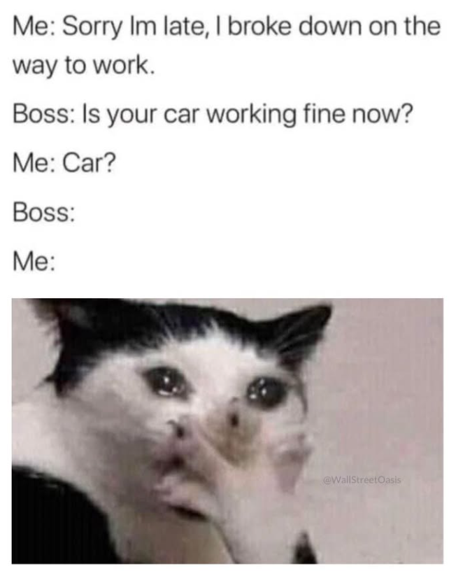Me: Sorry Im late, I broke down on the way to work. Boss: Is your car working fine now? Me: Car? Boss: Me: @WallStreetOasis