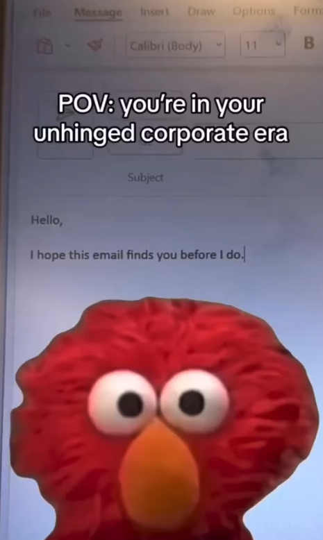File Message Insert Draw Options Forma Calibri (Body) B POV: you're in your unhinged corporate era Subject Hello, I hope this email finds you before I do.