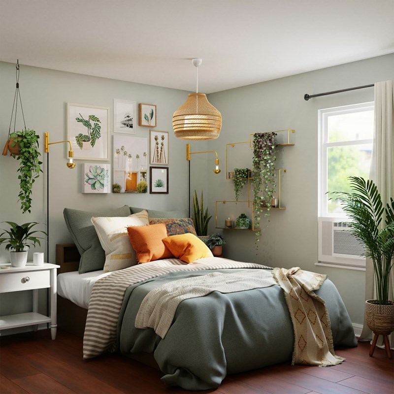 A bedroom decorated with plants and colorful cushions, model image.
