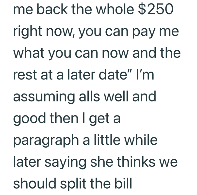 me back the whole $250 right now, you can pay me what you can now and the rest at a later date" I'm assuming alls well and good then I get a paragraph a little while later saying she thinks we should split the bill