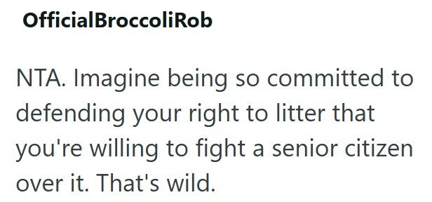 OfficialBroccoliRob NTA. Imagine being so committed to defending your right to litter that you're willing to fight a senior citizen over it. That's wild.