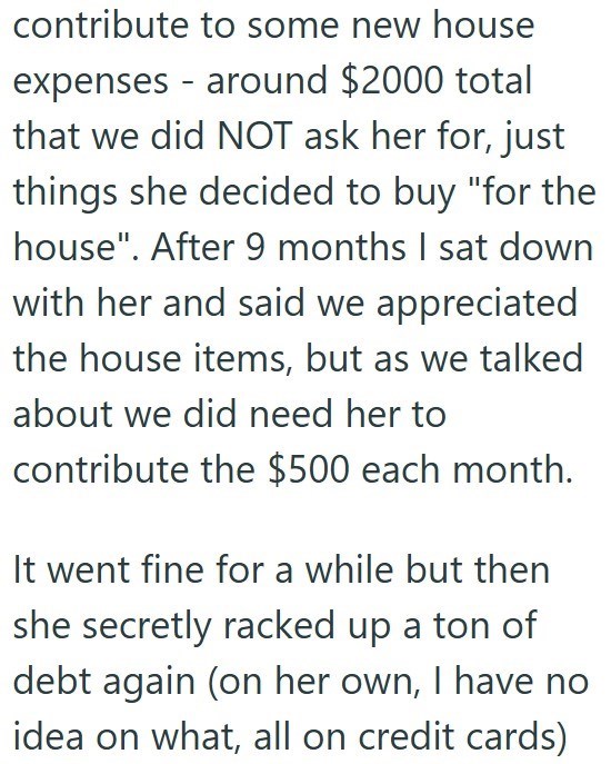contribute to some new house expenses - around $2000 total that we did NOT ask her for, just things she decided to buy "for the house". After 9 months I sat down with her and said we appreciated the house items, but as we talked about we did need her to contribute the $500 each month. It went fine for a while but then she secretly racked up a ton of debt again (on her own, I have no idea on what, all on credit cards)