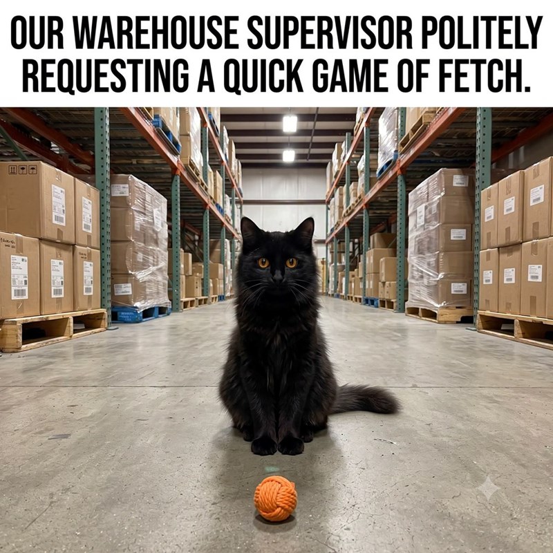 OUR WAREHOUSE SUPERVISOR POLITELY REQUESTING A QUICK GAME OF FETCH. 100010 177