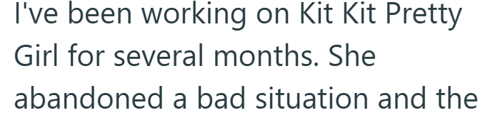 I've been working on Kit Kit Pretty Girl for several months. She abandoned a bad situation and the