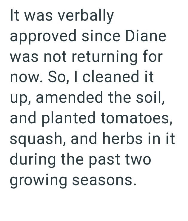 It was verbally approved since Diane was not returning for now. So, I cleaned it up, amended the soil, and planted tomatoes, squash, and herbs in it during the past two growing seasons.