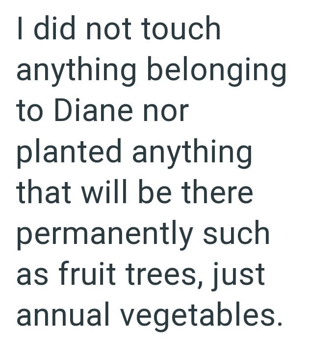 I did not touch anything belonging to Diane nor planted anything that will be there permanently such as fruit trees, just annual vegetables.