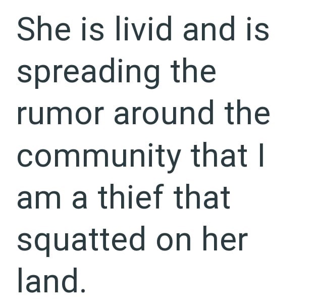 She is livid and is spreading the rumor around the community that I am a thief that squatted on her land.