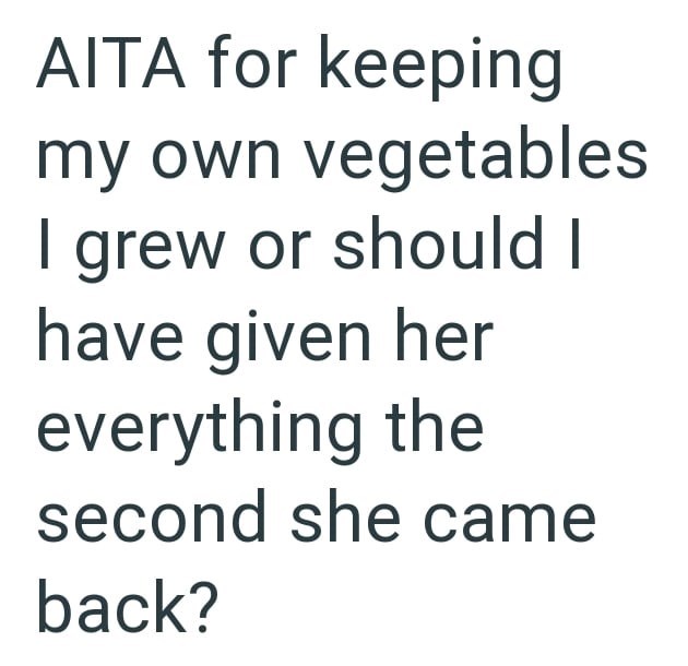 AITA for keeping my own vegetables grew or should I have given her everything the second she came back?