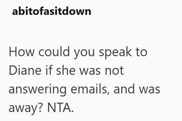 abitofasitdown How could you speak to Diane if she was not answering emails, and was away? NTA.