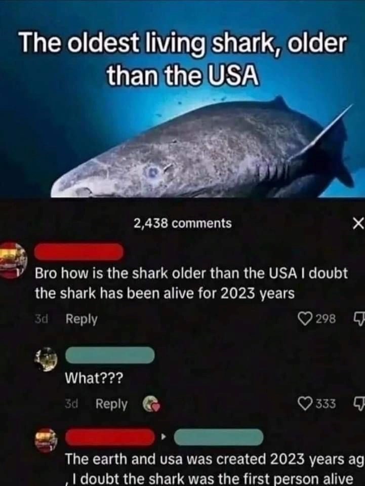 The oldest living shark, older than the USA 2,438 comments Bro how is the shark older than the USA I doubt the shark has been alive for 2023 years 3d Reply What??? 3d Reply 298 333 The earth and usa was created 2023 years ag , I doubt the shark was the first person alive
