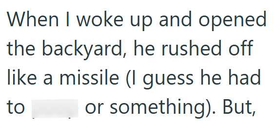 When I woke up and opened the backyard, he rushed off like a missile (I guess he had to or something). But,