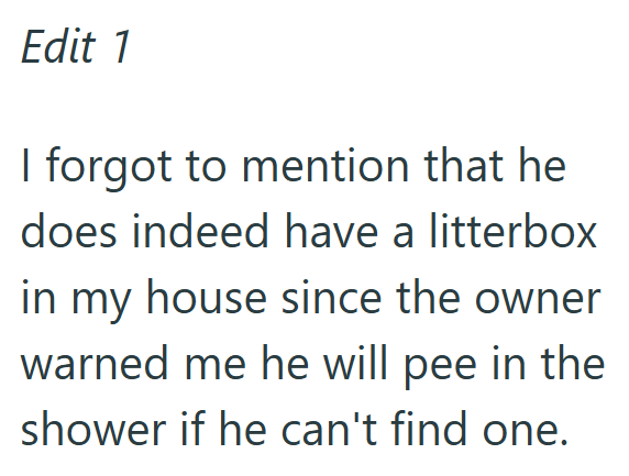 Edit 1 I forgot to mention that he does indeed have a litterbox in my house since the owner warned me he will pee in the shower if he can't find one.
