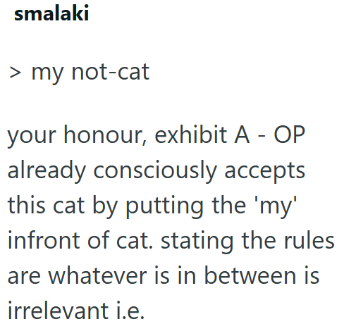 smalaki > my not-cat your honour, exhibit A - OP already consciously accepts this cat by putting the 'my' infront of cat. stating the rules are whatever is in between is irrelevant i.e.