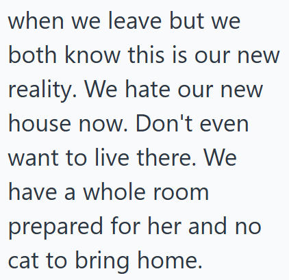 when we leave but we both know this is our new reality. We hate our new house now. Don't even want to live there. We have a whole room prepared for her and no cat to bring home.