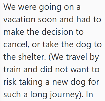We were going on a vacation soon and had to make the decision to cancel, or take the dog to the shelter. (We travel by train and did not want to risk taking a new dog for such a long journey). In