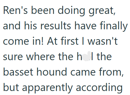 Ren's been doing great, and his results have finally come in! At first I wasn't sure where the hol the basset hound came from, but apparently according