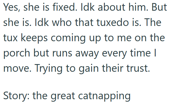 Yes, she is fixed. Idk about him. But she is. Idk who that tuxedo is. The tux keeps coming up to me on the porch but runs away every time I move. Trying to gain their trust. Story: the great catnapping