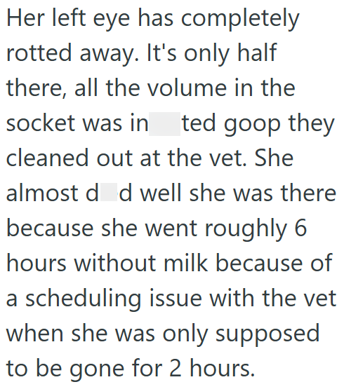 Her left eye has completely rotted away. It's only half there, all the volume in the socket was in ted goop they cleaned out at the vet. She almost d d well she was there because she went roughly 6 hours without milk because of a scheduling issue with the vet when she was only supposed to be gone for 2 hours.