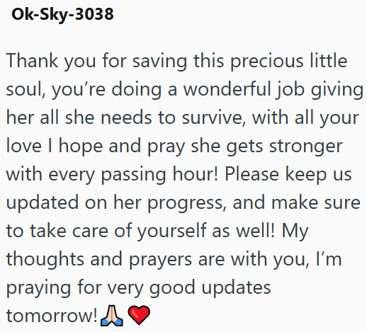 Ok-Sky-3038 Thank you for saving this precious little soul, you're doing a wonderful job giving her all she needs to survive, with all your love I hope and pray she gets stronger with every passing hour! Please keep us updated on her progress, and make sure to take care of yourself as well! My thoughts and prayers are with you, I'm praying for very good updates tomorrow!