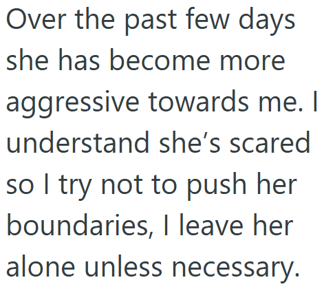 Over the past few days she has become more aggressive towards me. I understand she's scared so I try not to push her boundaries, I leave her alone unless necessary.