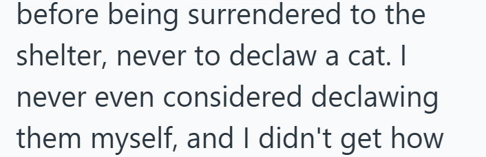 before being surrendered to the shelter, never to declaw a cat. I never even considered declawing them myself, and I didn't get how