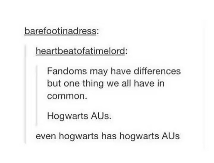 barefootinadress: heartbeatofatimelord: Fandoms may have differences but one thing we all have in common. Hogwarts AUs. even hogwarts has hogwarts AUs