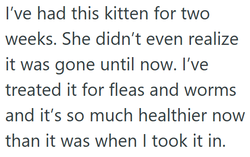 I've had this kitten for two weeks. She didn't even realize it was gone until now. I've treated it for fleas and worms and it's so much healthier now than it was when I took it in.
