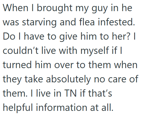 When I brought my guy in he was starving and flea infested. Do I have to give him to her? I couldn't live with myself if I turned him over to them when they take absolutely no care of them. I live in TN if that's helpful information at all.