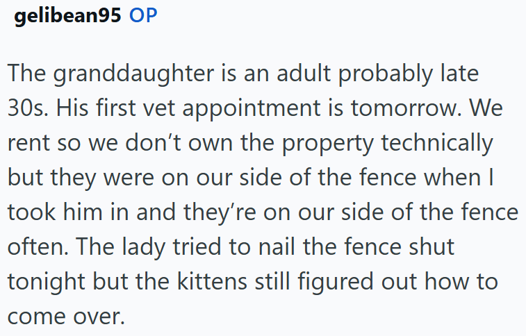 gelibean95 OP The granddaughter is an adult probably late 30s. His first vet appointment is tomorrow. We rent so we don't own the property technically but they were on our side of the fence when took him in and they're on our side of the fence often. The lady tried to nail the fence shut tonight but the kittens still figured out how to come over.
