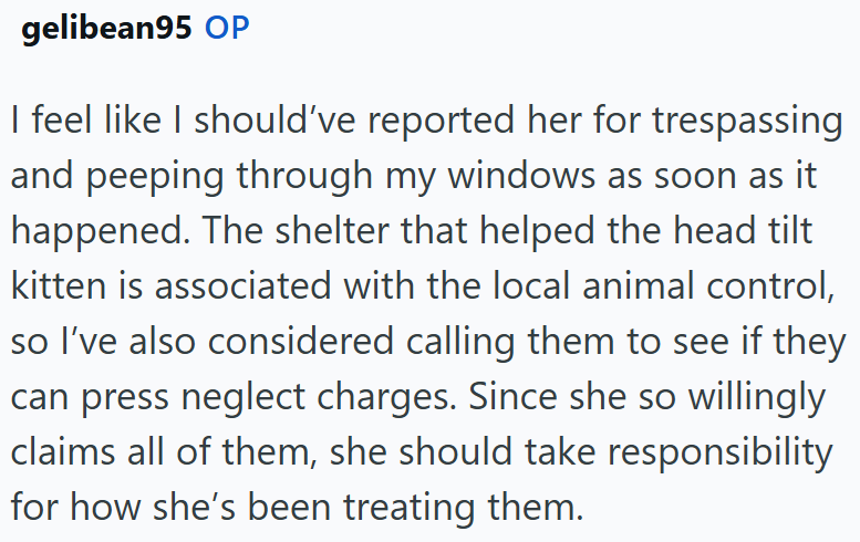 gelibean95 OP I feel like I should've reported her for trespassing and peeping through my windows as soon as it happened. The shelter that helped the head tilt kitten is associated with the local animal control, so I've also considered calling them to see if they can press neglect charges. Since she so willingly claims all of them, she should take responsibility for how she's been treating them.