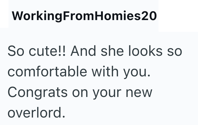 WorkingFromHomies20 So cute!! And she looks so comfortable with you. Congrats on your new overlord.