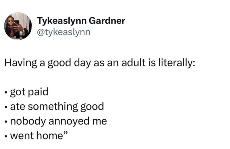 Tykeaslynn Gardner @tykeaslynn Having a good day as an adult is literally: ⚫ got paid ate something good • nobody annoyed me • went home"