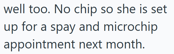 well too. No chip so she is set up for a spay and microchip appointment next month.