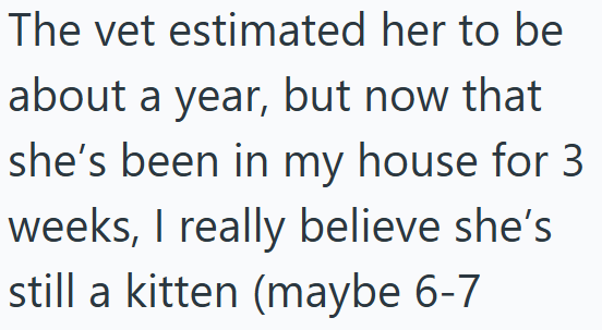 The vet estimated her to be about a year, but now that she's been in my house for 3 weeks, I really believe she's still a kitten (maybe 6-7