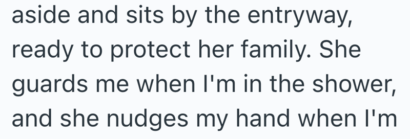 aside and sits by the entryway, ready to protect her family. She guards me when I'm in the shower, and she nudges my hand when I'm