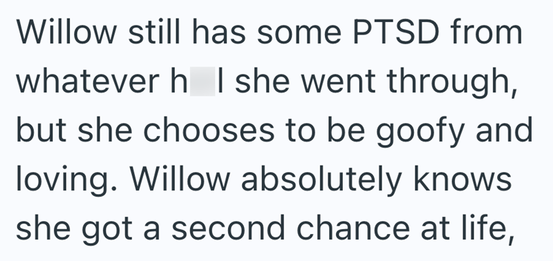 Willow still has some PTSD from whatever h I she went through, but she chooses to be goofy and loving. Willow absolutely knows she got a second chance at life,