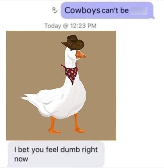 Cowboys can't be Today @ 12:23 PM I bet you feel dumb right now