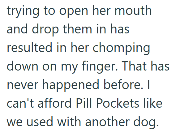 trying to open her mouth and drop them in has resulted in her chomping down on my finger. That has never happened before. I can't afford Pill Pockets like we used with another dog.