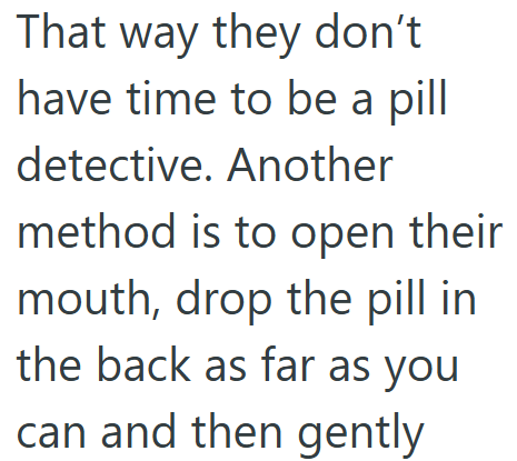 That way they don't have time to be a pill detective. Another method is to open their mouth, drop the pill in the back as far as you can and then gently