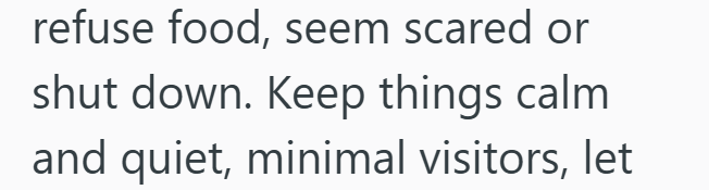refuse food, seem scared or shut down. Keep things calm and quiet, minimal visitors, let