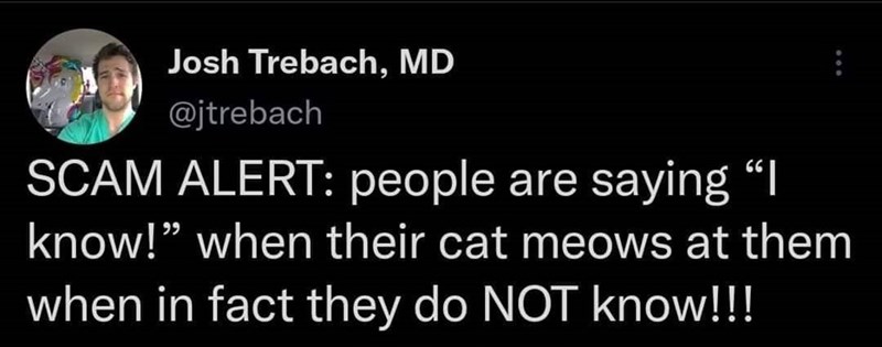 Josh Trebach, MD @jtrebach SCAM ALERT: people are saying "I know!" when their cat meows at them when in fact they do NOT know!!!