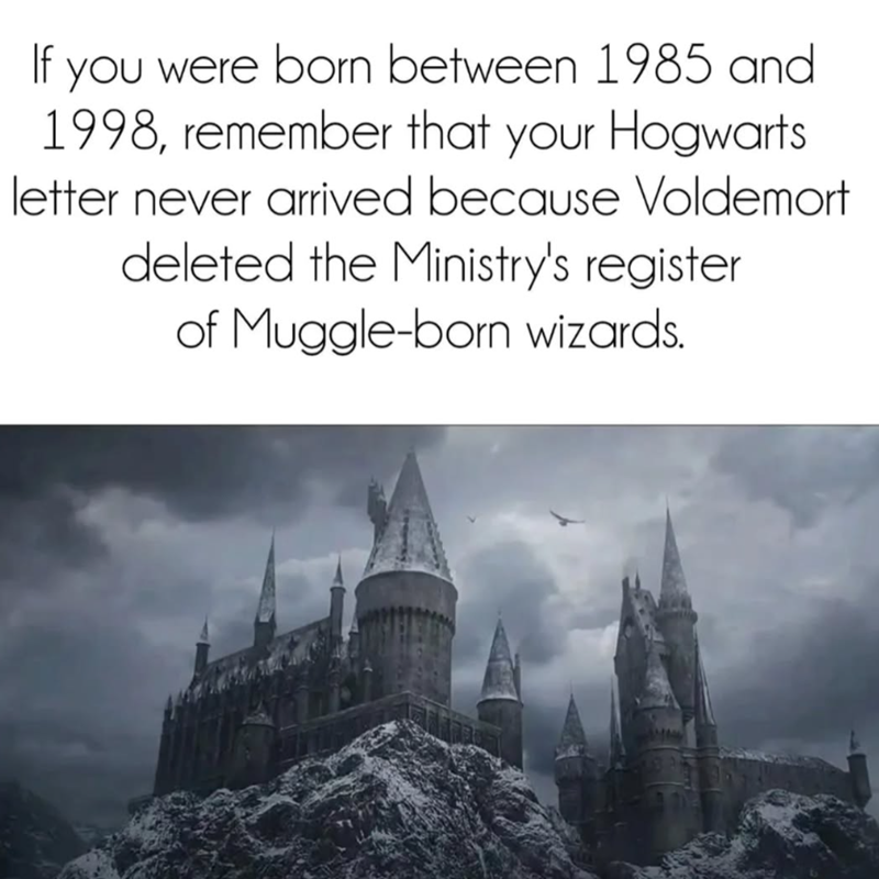 If you were born between 1985 and 1998, remember that your Hogwarts letter never arrived because Voldemort deleted the Ministry's register of Muggle-born wizards.